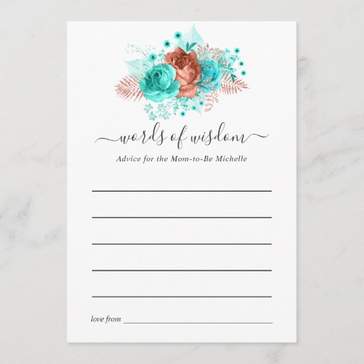 Turquoise en koraal rustiek bloemig Baby shower Advieskaart (Voorkant)