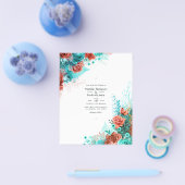 Turquoise en koraal rustieke bloemen bruiloftsinvi flyer (Enkel)
