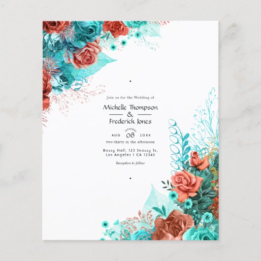 Turquoise en koraal rustieke bloemen bruiloftsinvi flyer (Voorkant)