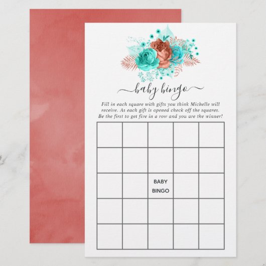 Turquoise en koraal rustieke bloemendouche Bingo (Voorkant / Achterkant)