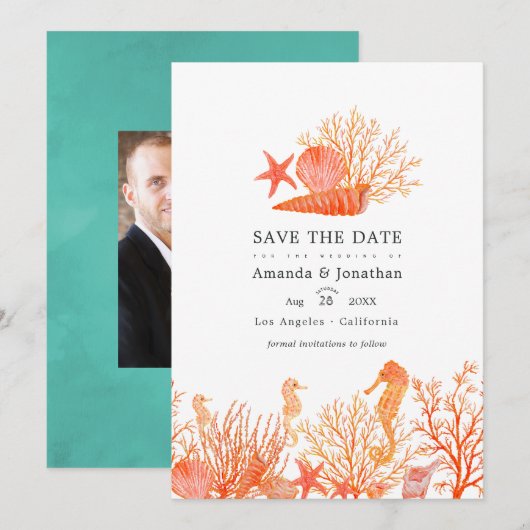Turquoise en Koraal Strand Bruiloftsfoto Save The Date (Voorkant / Achterkant)