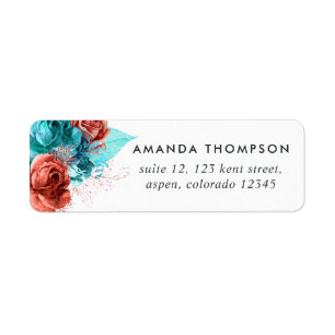 Turquoise en koraal waterverf bloemen etiket