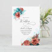 Turquoise en koraal waterverf bloemige bruiloft kaart (Staand voorkant)