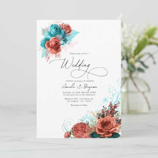 Turquoise en koraal waterverf bloemige bruiloft kaart (Staand voorkant)