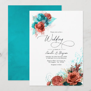Turquoise en koraal waterverf bloemige bruiloft kaart