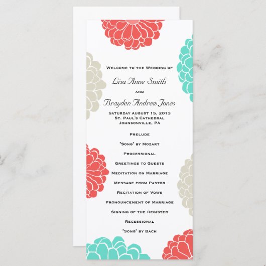 Turquoise en koraal Zinnia Flower Wedding Program Programmakaart (Voorkant / Achterkant)