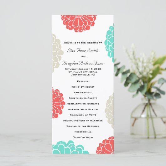 Turquoise en koraal Zinnia Flower Wedding Program Programmakaart (Staand voorkant)