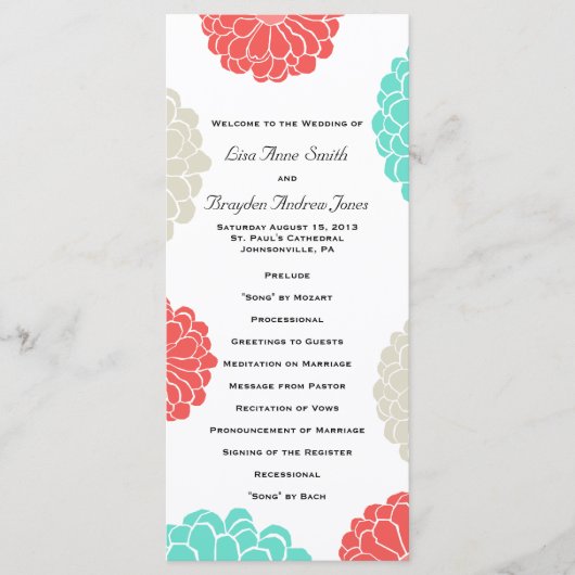 Turquoise en koraal Zinnia Flower Wedding Program Programmakaart (Voorkant)