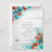 Turquoise en koraalFloral QR Code RSVP Weddenschap Kaart (Voorkant)