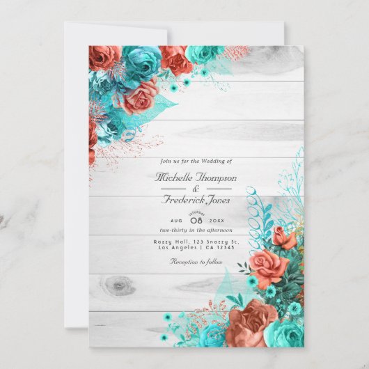 Turquoise en koraalFloral QR Code RSVP Weddenschap Kaart (Voorkant)