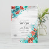 Turquoise en koraalFloral QR Code RSVP Weddenschap Kaart (Staand voorkant)