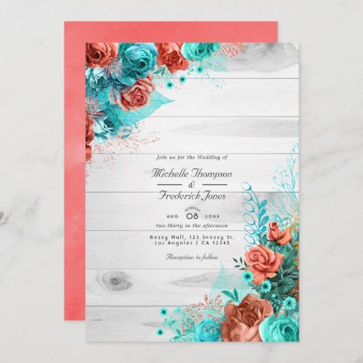 Turquoise en koraalFloral QR Code RSVP Weddenschap Kaart (Voorkant / Achterkant)