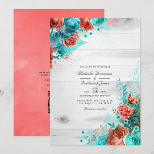 Turquoise en koraalFloral QR Code RSVP Weddenschap Kaart