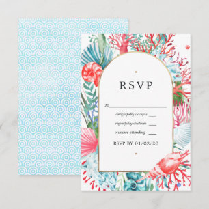 Turquoise en Koraalrode Zomerstrandbruiloft RSVP Kaartje