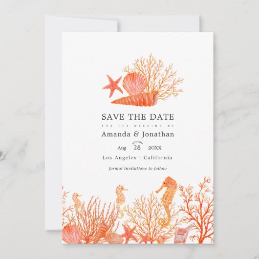 Turquoise en koraalstrand bruiloftsfoto save the date (Voorkant)