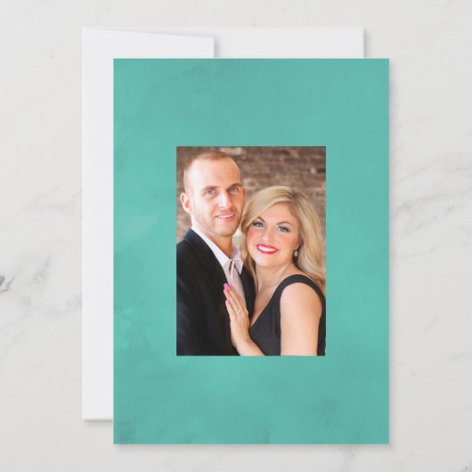 Turquoise en koraalstrand bruiloftsfoto save the date (Achterkant)