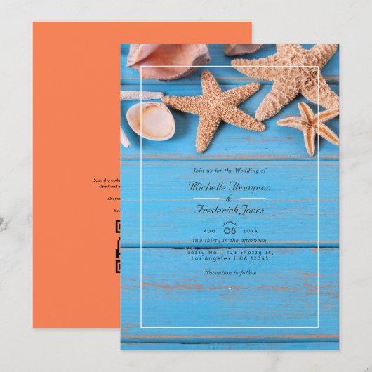 Turquoise en Koraalstrand QR-code RSVP Trouwen Kaart (Voorkant / Achterkant)