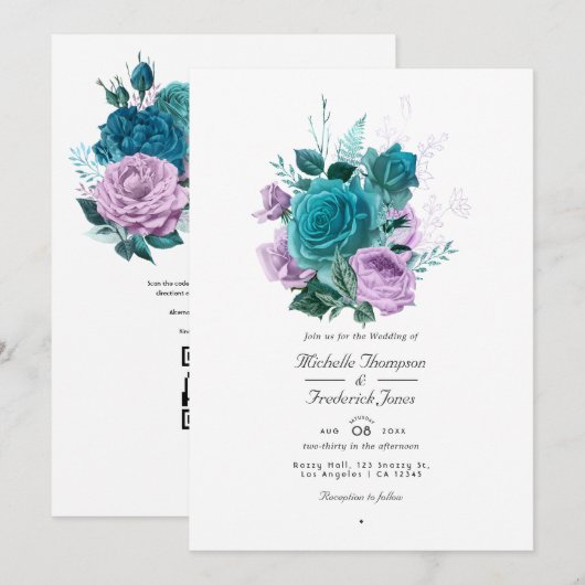 Turquoise en lavendel bloemencode QR-huwelijk Kaart (Voorkant / Achterkant)
