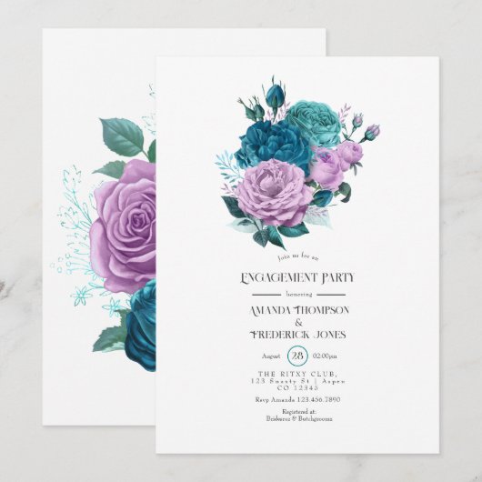 Turquoise en Lavender Floral Engagement Party Kaart (Voorkant / Achterkant)