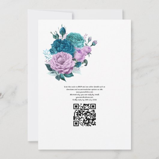 Turquoise en Lavender Floral QR Code Wedding Kaart (Achterkant)