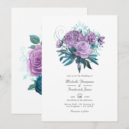 Turquoise en Lavender Floral Wedding Invitation Kaart (Voorkant / Achterkant)