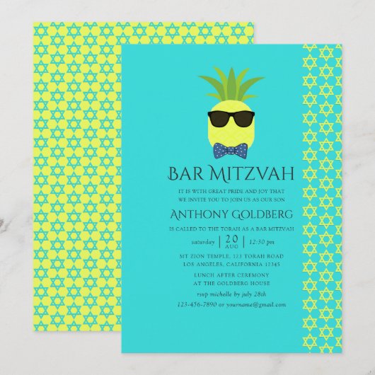 Turquoise en Lemon Tropical Summer Bar Mitzvah Kaart (Voorkant / Achterkant)