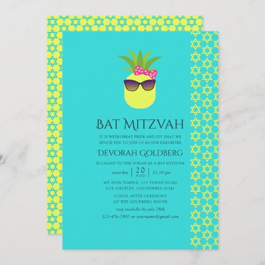 Turquoise en Lemon Tropical Summer Bat Mitzvah Kaart (Voorkant / Achterkant)