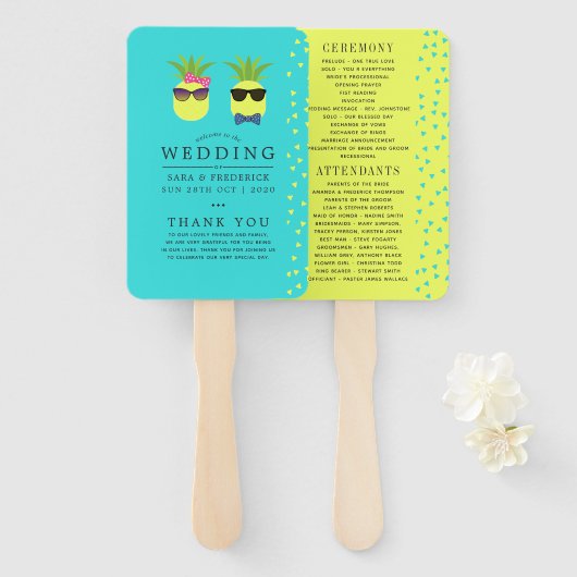 Turquoise en Lemon zomers Beach Wedding Programme Handwaaier (Voorkant en achterkant)