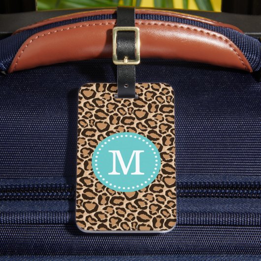 Turquoise en Leopard Print Custom Monogram Bagagelabel (Voorkant Insitu 2)