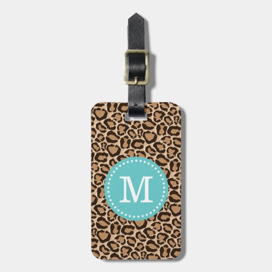 Turquoise en Leopard Print Custom Monogram Bagagelabel (Voorkant verticaal)