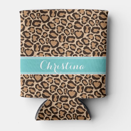 Turquoise en Leopard Print Custom Monogram Blikjeskoeler (Voorkant)