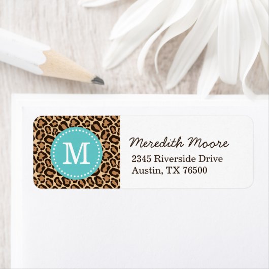 Turquoise en Leopard Print Custom Monogram Etiket (Insitu)