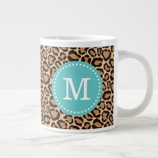 Turquoise en Leopard Print Custom Monogram Grote Koffiekop (Rechts)