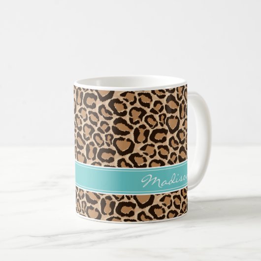 Turquoise en Leopard Print Custom Monogram Koffiemok (Voorkant rechts)