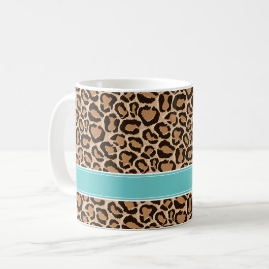 Turquoise en Leopard Print Custom Monogram Koffiemok (Voorkant links)