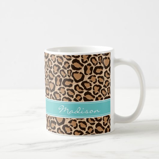 Turquoise en Leopard Print Custom Monogram Koffiemok (Rechts)