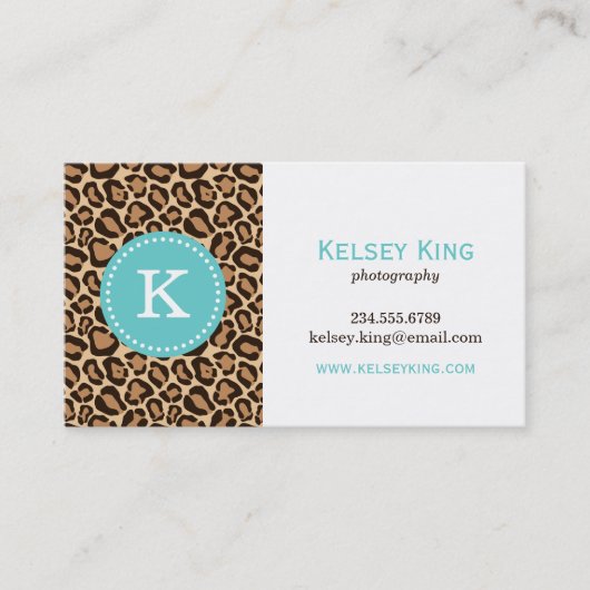 Turquoise en Leopard Print Custom Monogram Visitekaartje (Voorkant)