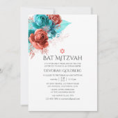 Turquoise en levend koraal bloemige Bat Mitzvah Kaart (Voorkant)