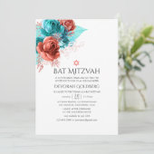 Turquoise en levend koraal bloemige Bat Mitzvah Kaart (Staand voorkant)