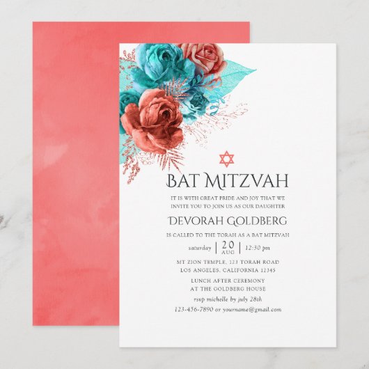 Turquoise en levend koraal bloemige Bat Mitzvah Kaart (Voorkant / Achterkant)