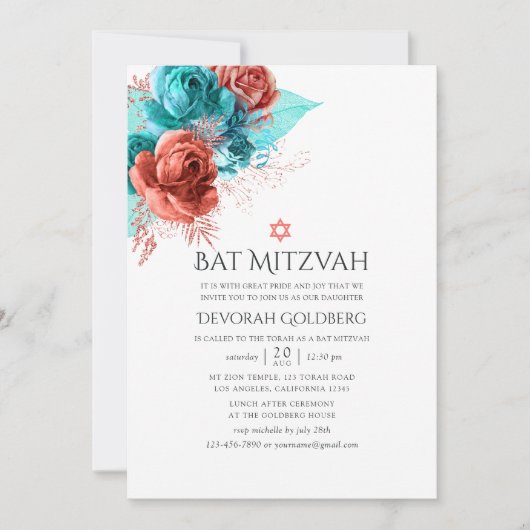 Turquoise en levende koraal bloemenvleermuis Mitzv Kaart (Voorkant)