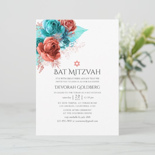 Turquoise en levende koraal bloemenvleermuis Mitzv Kaart (Staand voorkant)