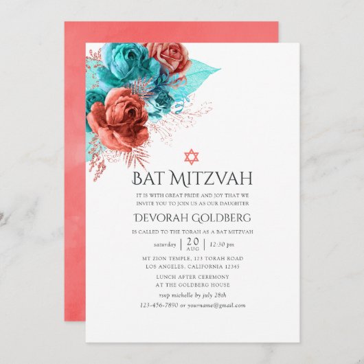 Turquoise en levende koraal bloemenvleermuis Mitzv Kaart (Voorkant / Achterkant)