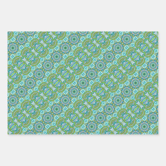 Turquoise en Lime Green Circle Mandala Inpakpapier Vel (Voorkant 2)