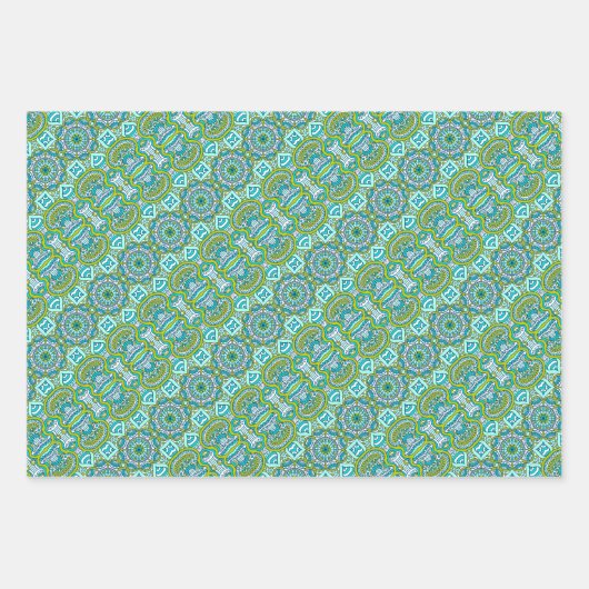 Turquoise en Lime Green Circle Mandala Inpakpapier Vel (Voorkant)