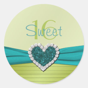Turquoise en Limoen Glitter Heart Sweet Sixteen Ronde Sticker