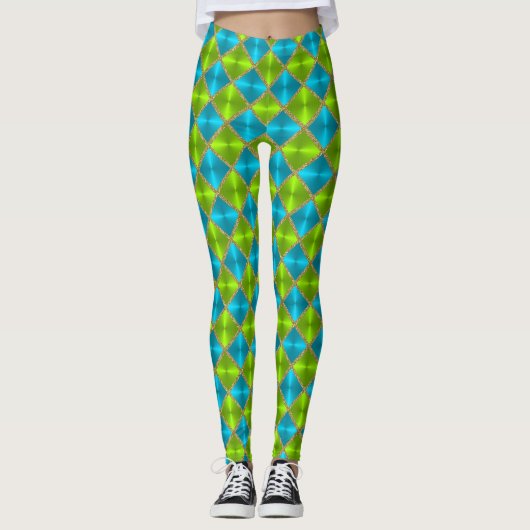 Turquoise en Limoen met Gold Squares Leggings (Voorkant)