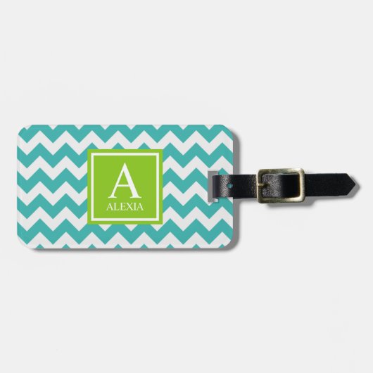 Turquoise en Limoen Monogram Chevron Print Bagagelabel (Voorkant horizontaal)