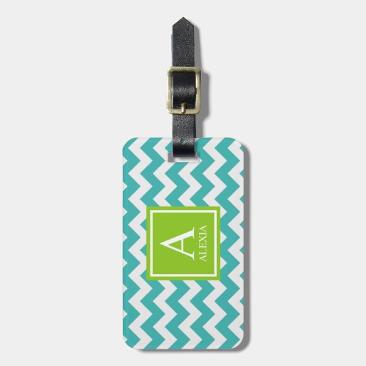 Turquoise en Limoen Monogram Chevron Print Bagagelabel (Voorkant verticaal)