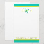 Turquoise en limoengroen monogram briefpapier (Voorkant / Achterkant)